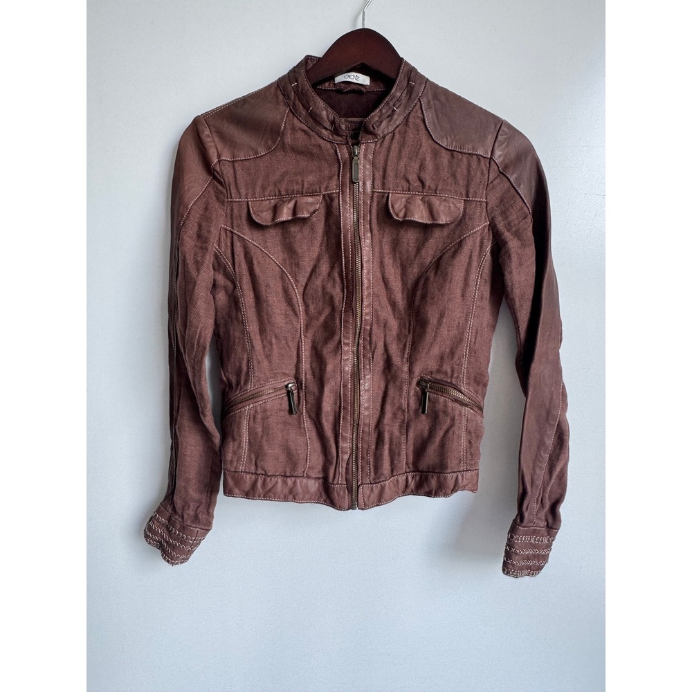 Cacheβ Brown Linen Lambskin Leather Trim Moto Jacket XS Y2k old money mobwife